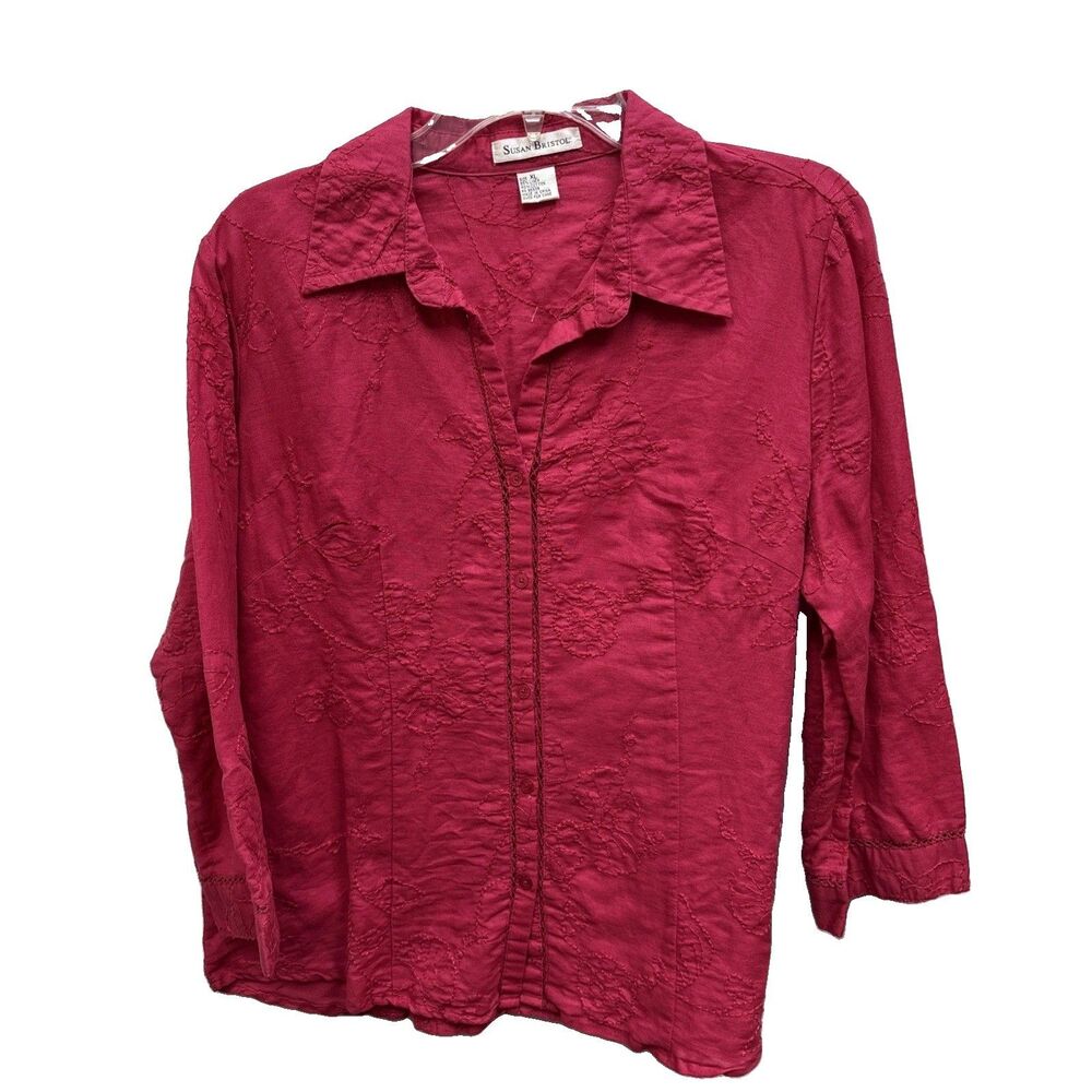 Susan Bristol Blouse XL Embroidered Buttons Linen Cotton Blend Dark Pink Collar